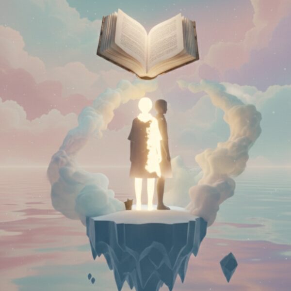 A glowing silhouette and a shadowy figure stand on a floating island under a giant open book in a pastel sky.