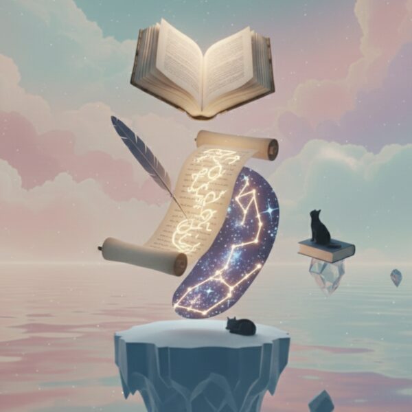 A floating scroll showing glowing constellations and a quill pen, positioned between a large open book and a floating island with a cat.