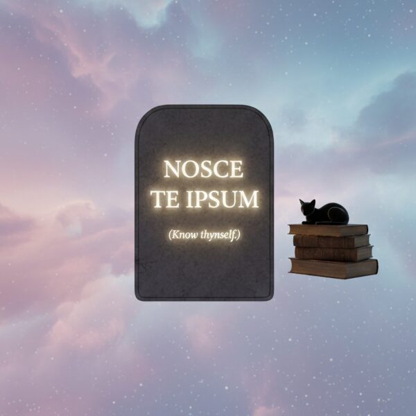 A floating scroll with glowing constellations and a quill pen, positioned between a large open book and a small floating island with a cat.